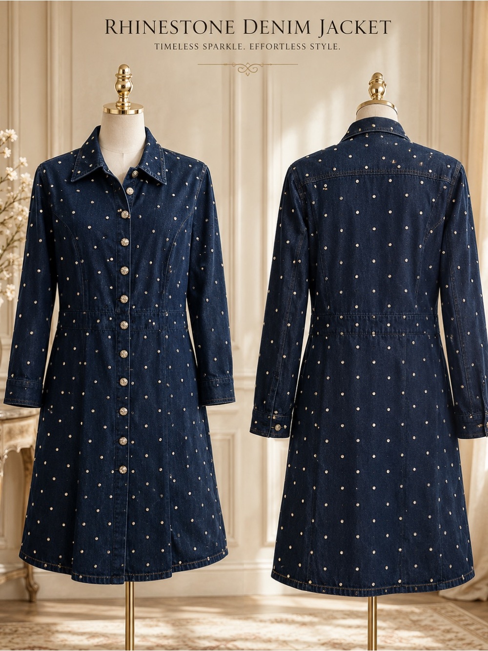 Rhinestone Denim Jacket Dress - Navy with Silver Studs
